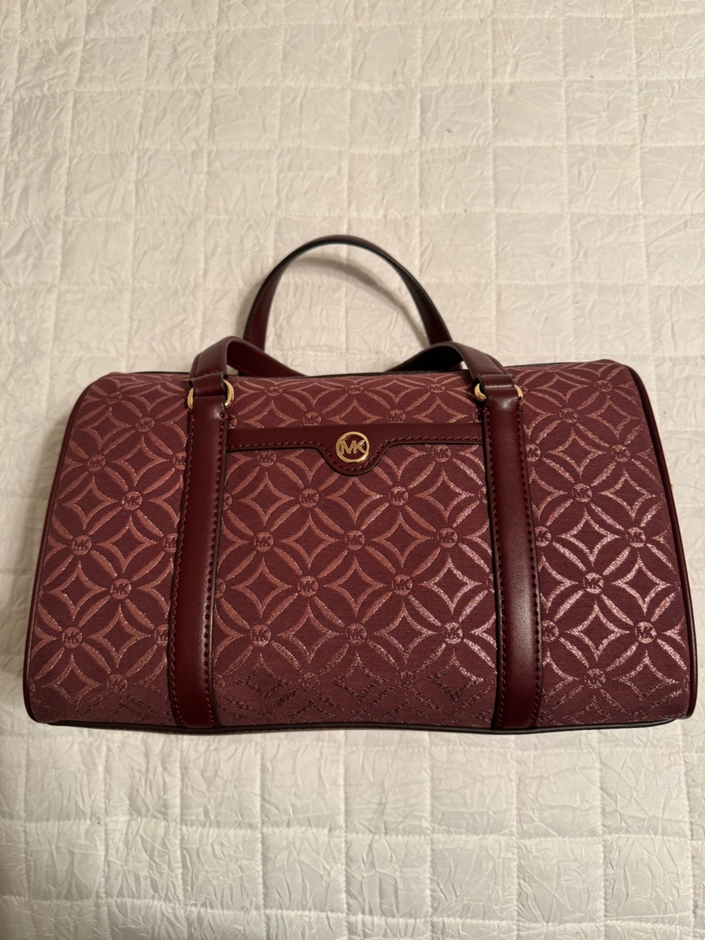 Michael Kors Wine Jacquard Tote with Gold Logo Accent